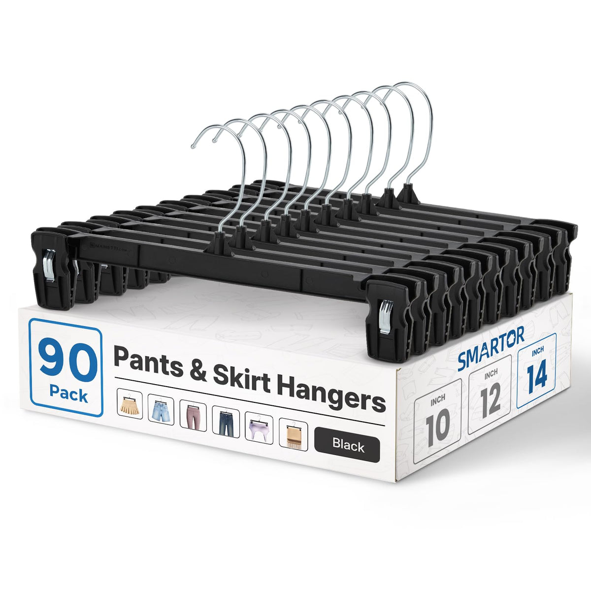 Smartor Black Pants Hangers 30 Pack, Skirt Hangers with Clips, 12 Inch