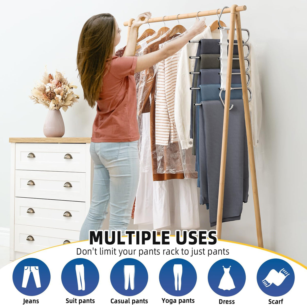 DAMITA Pants Hangers Space Saving - 2 Pack 5 in 1 Layers Stainless Steel Metal Jeans Hangers - Black Closet Organizers and Storage Anti-Slip Design for Pants Skirts Scarf Legging