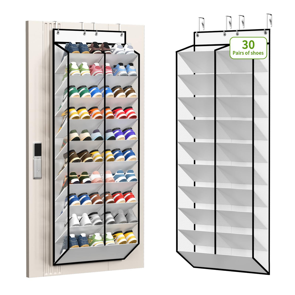 KEEPJOY 20-30 Pairs Grey Over the Door Shoe Organizer, Mesh Hanging Shoe Rack for Door Storage with 20 Wide Deep Pockets,10-Tier Door Shoe Holder Fits Sneakers, Boots.