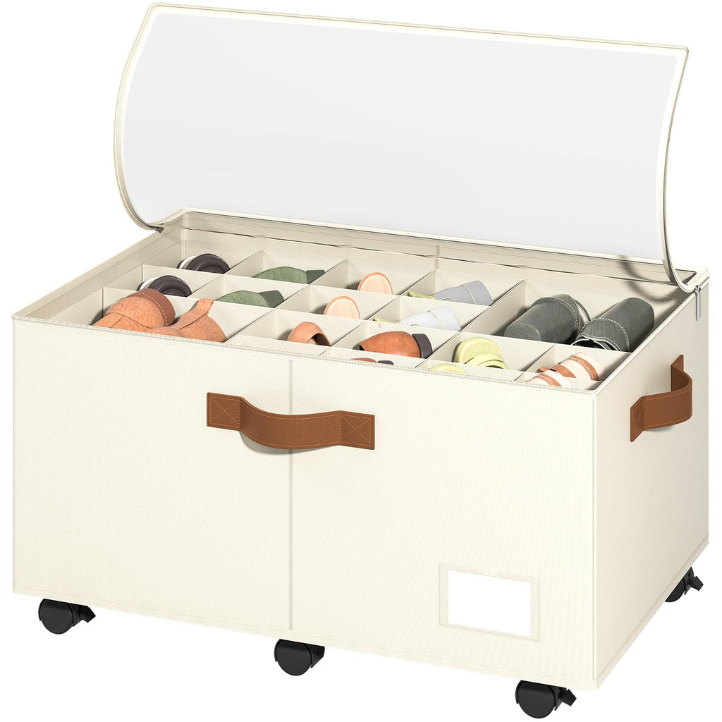 Foyego 2 Pack Shoe Organizer for Closet, Shoe Storage with Wheels, Beige