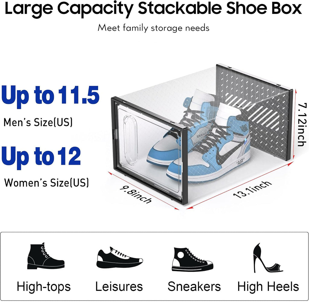 eWonLife X-Large Shoe Boxes with Magnetic Door, 12-Pack Stackable Shoes Storage Organizer for Closet, Clear Plastic Sneaker Container Shoe Rack for Size 12, Black