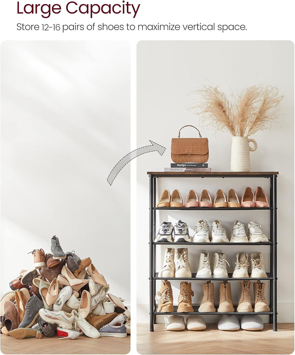 VASAGLE 5-Tier Shoe Rack, 12-16 Pairs, Steel Frame