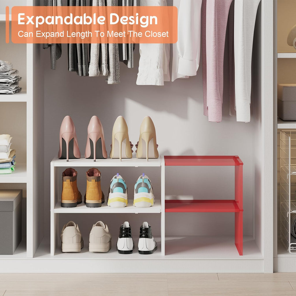 2 Pack Expandable White Shoe Rack Organizer for Closet, 2-Tier Stackable Shoe Storage Shelf, Small Iron Wood Combination Shoe Shelves for Closets,Entryway,Front Door, Narrow Space,Hallway,15-24 Pairs