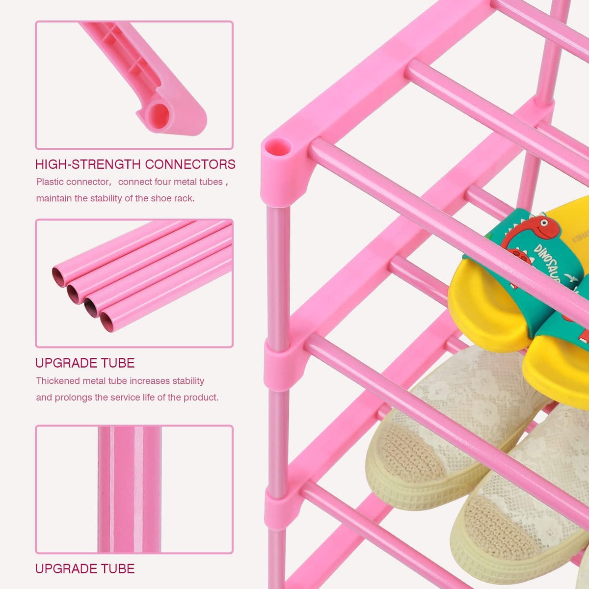 HITHIM 4-Tier Free Standing Pink Shoe Racks, Lightweight Stackable Shelf