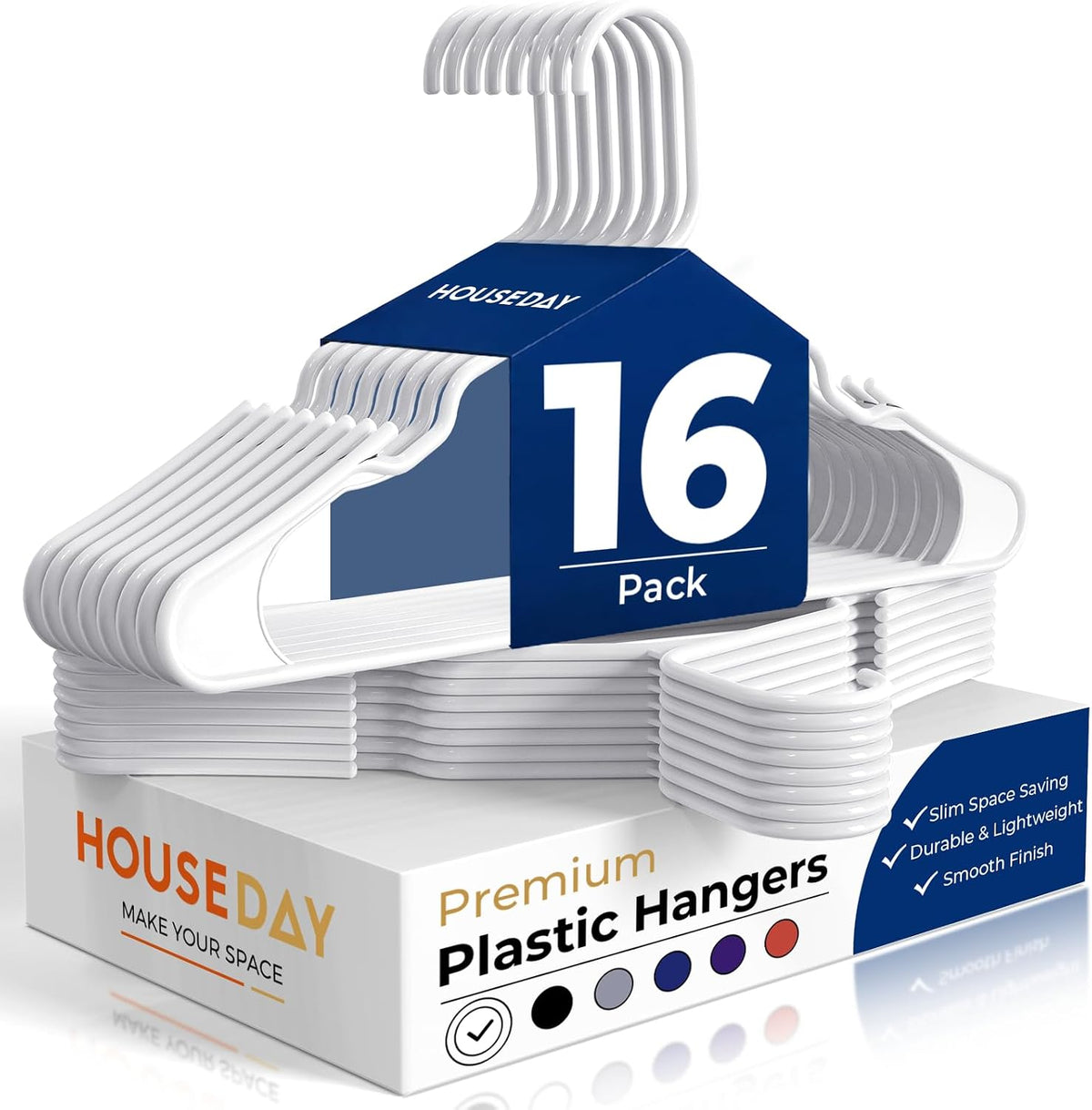 HOUSE DAY White Plastic Hangers 16 Pack – Slim Space Saving Clothes Hangers