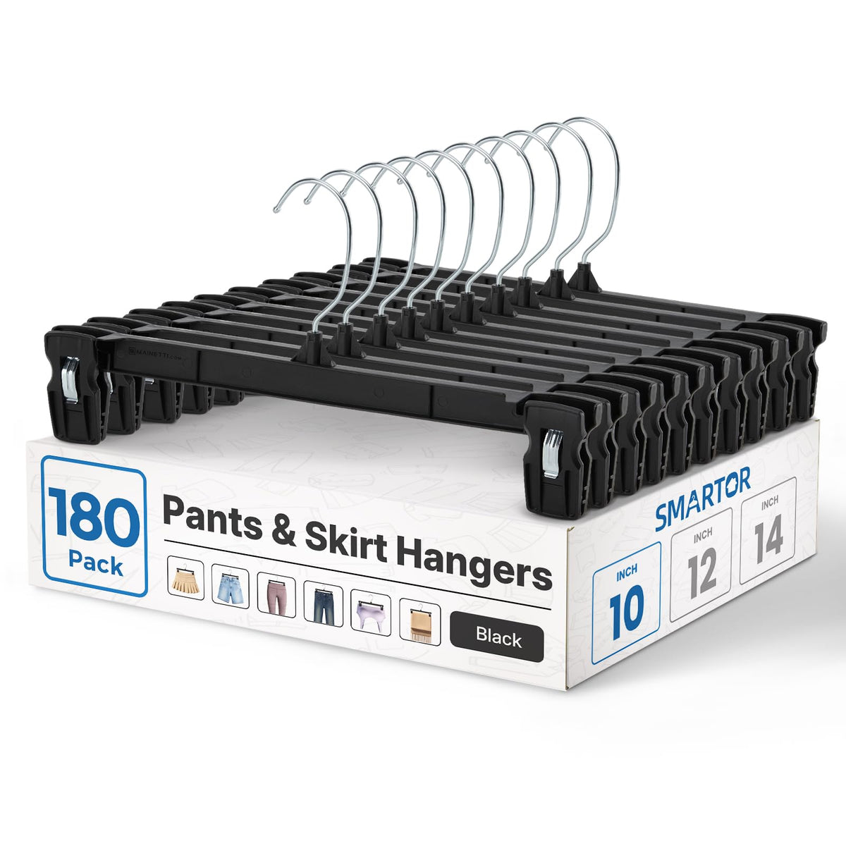 Smartor Black Pants Hangers 30 Pack, Skirt Hangers with Clips, 12 Inch