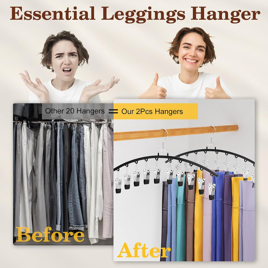 2 Pack Legging Organizer for Closet 360° Swivel, Metal Gym Clothes Organizer w/20 Clips Holds 20 Leggings, Hangers Space Saving, Closet Organizers and Storage, Dorm Room Organization Essentials, Black