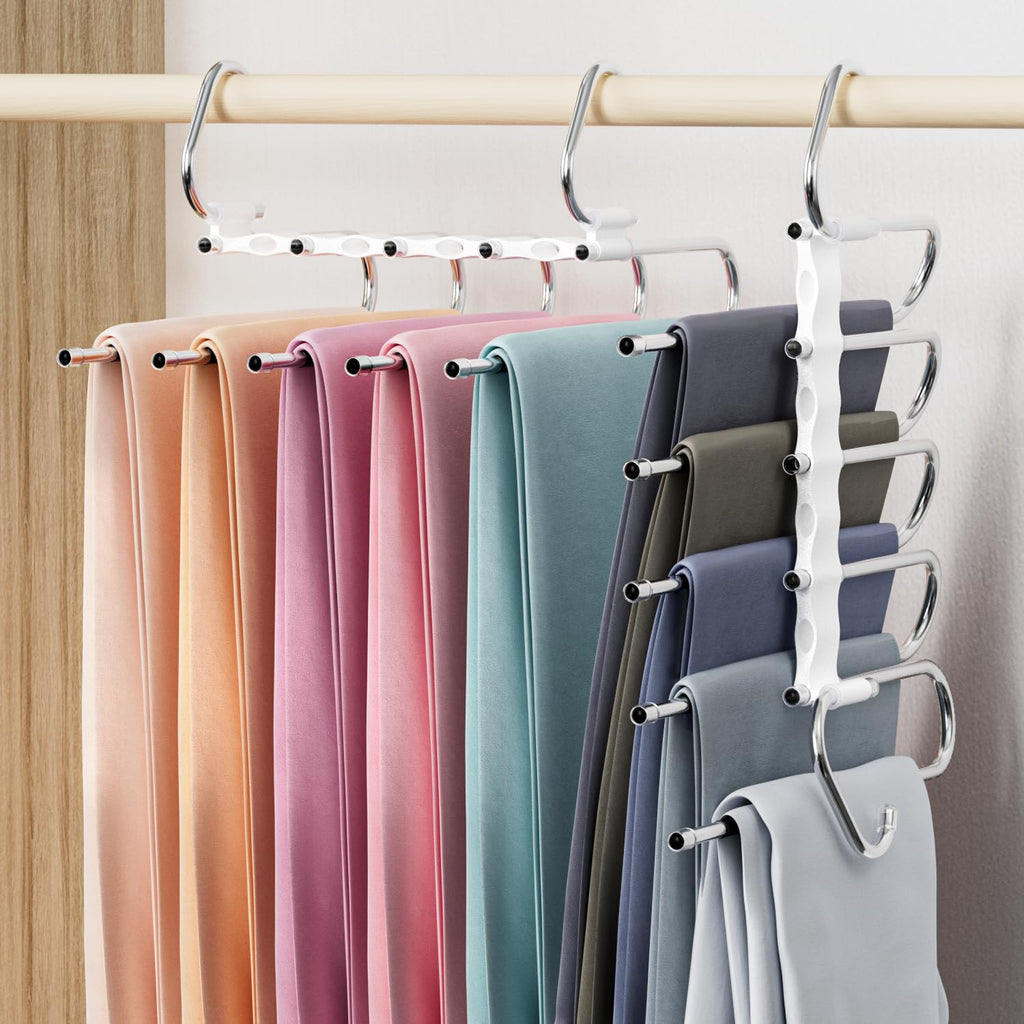 DAMITA Pants Hangers Space Saving - 2 Pack 5 in 1 Layers Stainless Steel Metal Jeans Hangers - Black Closet Organizers and Storage Anti-Slip Design for Pants Skirts Scarf Legging