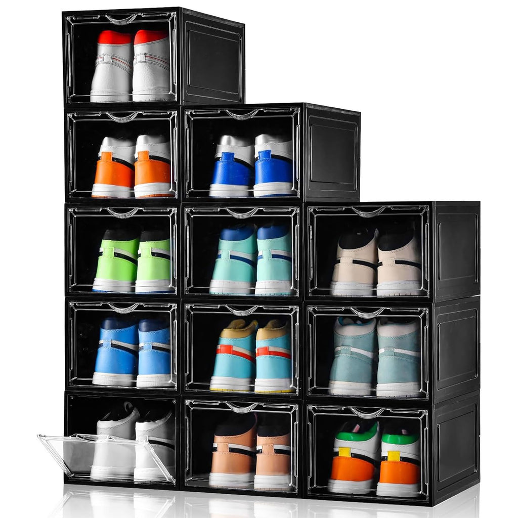 Clemate Upgraded X-Large Shoe Organizer,Shoe Storage Organizer,12 Pack,Shoe Box Clear Plastic Stackable,Drop Front Shoe Box with Clear Door, Shoe Containers For Sneaker Display,Fit up to US Size12