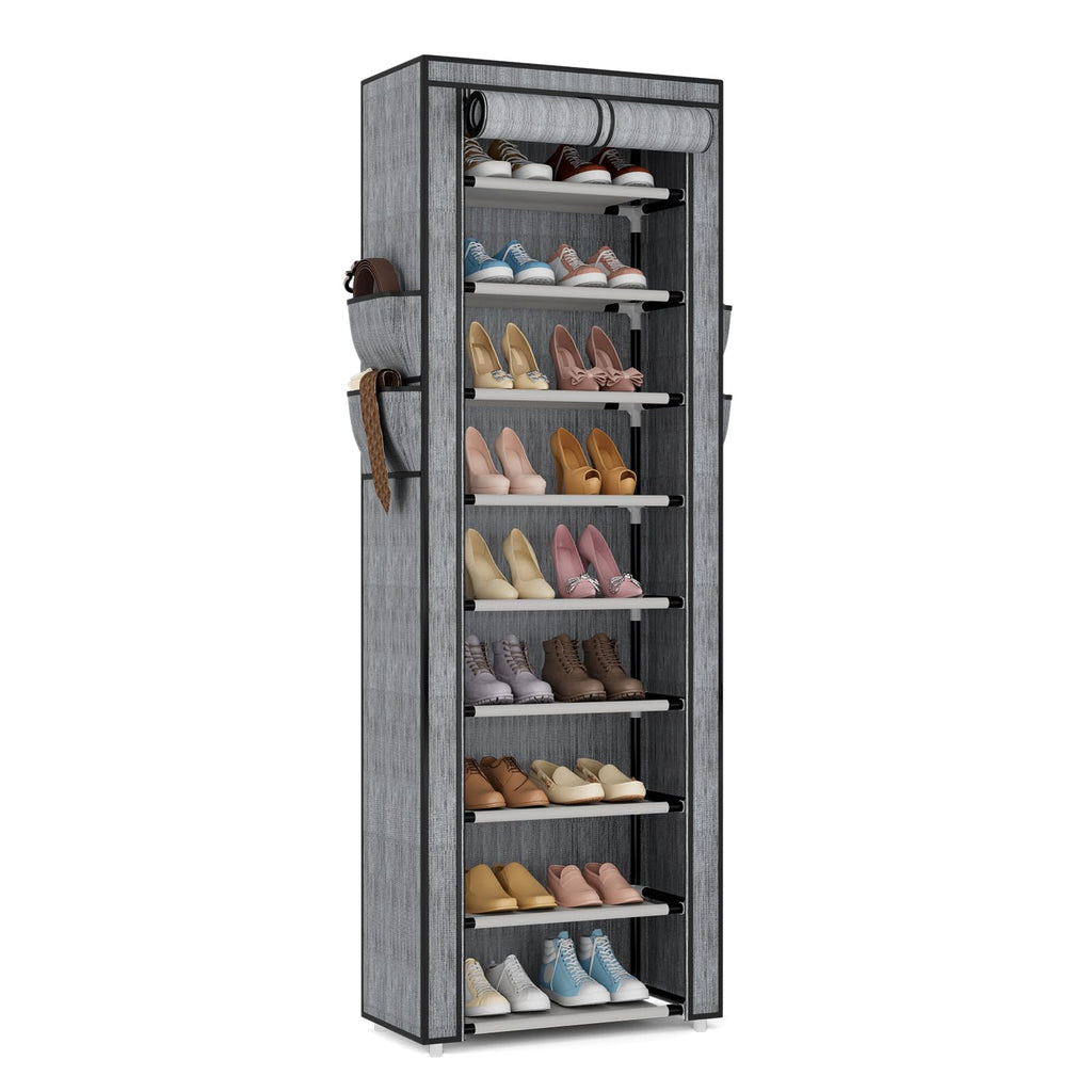 VILICK Shoe Rack with Cover Narrow Shoe Organizer with 4 Side Pockets 10 Tier Tall Shoe Storage Holds 18-22 Pairs Shoes and Boots Shoe Rack for Closet Entryway Garage