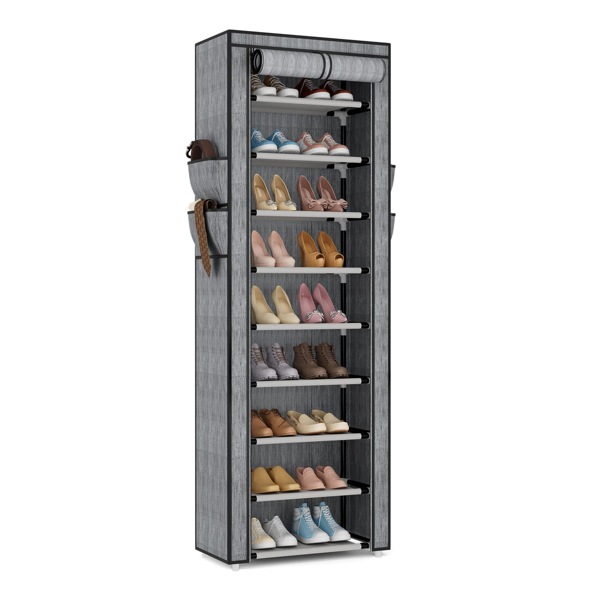 VILICK Shoe Rack with Cover Narrow Shoe Organizer with 4 Side Pockets 10 Tier Tall Shoe Storage Holds 18-22 Pairs Shoes and Boots Shoe Rack for Closet Entryway Garage