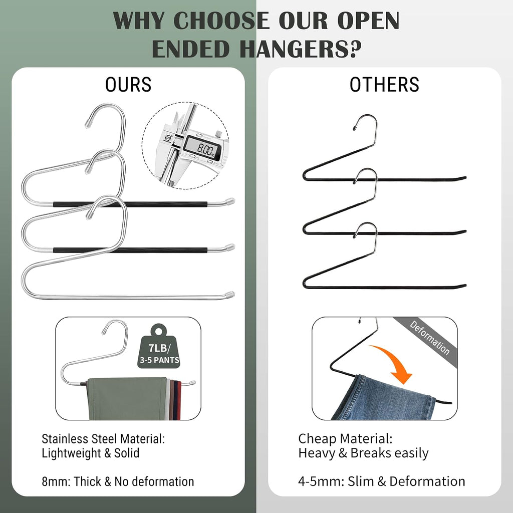 DOIOWN Open Ended Pants Jean Hangers - Stainless Steel Jeans Hangers 10 Pack 8 mm Thick, Versatile Non-Slip Hangers for Heavy Pants, Jeans, Trousers, Scarf, Space Saving Clothes Hangers for Women Men