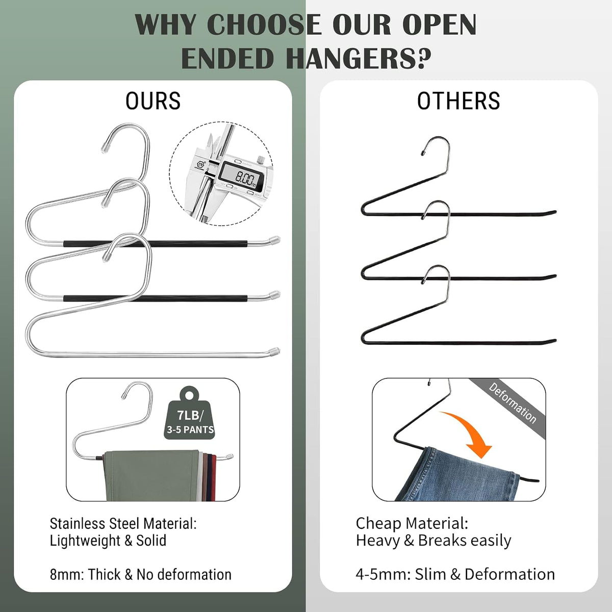 DOIOWN Open Ended Pants Jean Hangers - Stainless Steel Jeans Hangers 10 Pack 8 mm Thick, Versatile Non-Slip Hangers for Heavy Pants, Jeans, Trousers, Scarf, Space Saving Clothes Hangers for Women Men