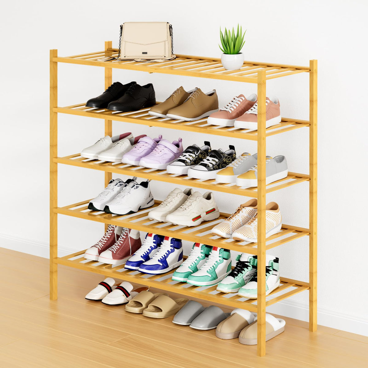 Smiry Bamboo Shoe Rack, 12 Vertical Slats, 3 Tier - 26.8" Wide, Natural