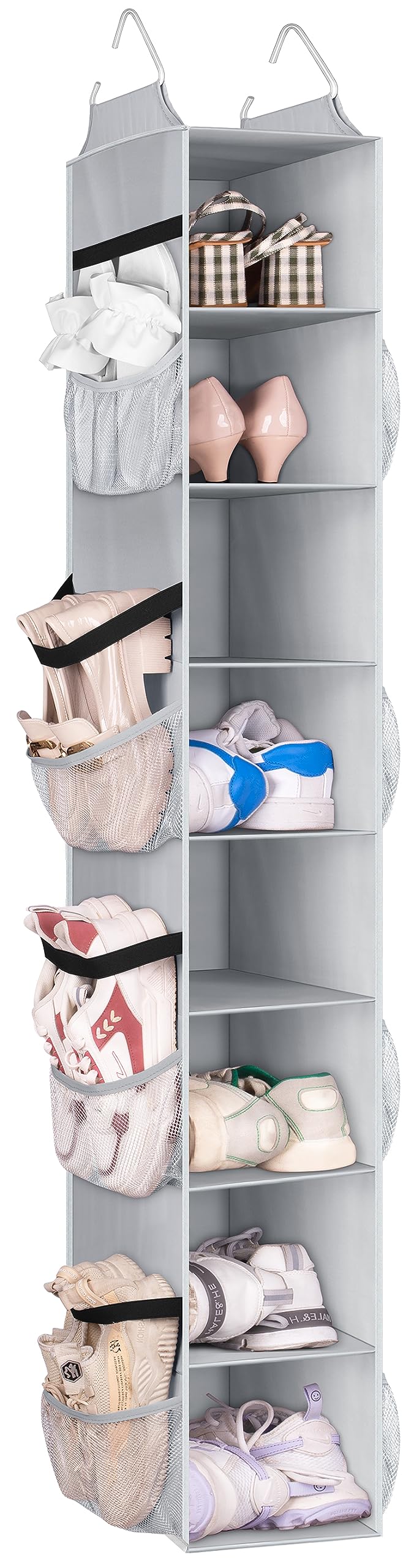 SLEEPING LAMB Short Hanging Shoe Organizer for Closet Storage with Mesh Side Pockets Holds 8 Pairs, Hanging Shoe Rack Hanger RV, Camper, Grey