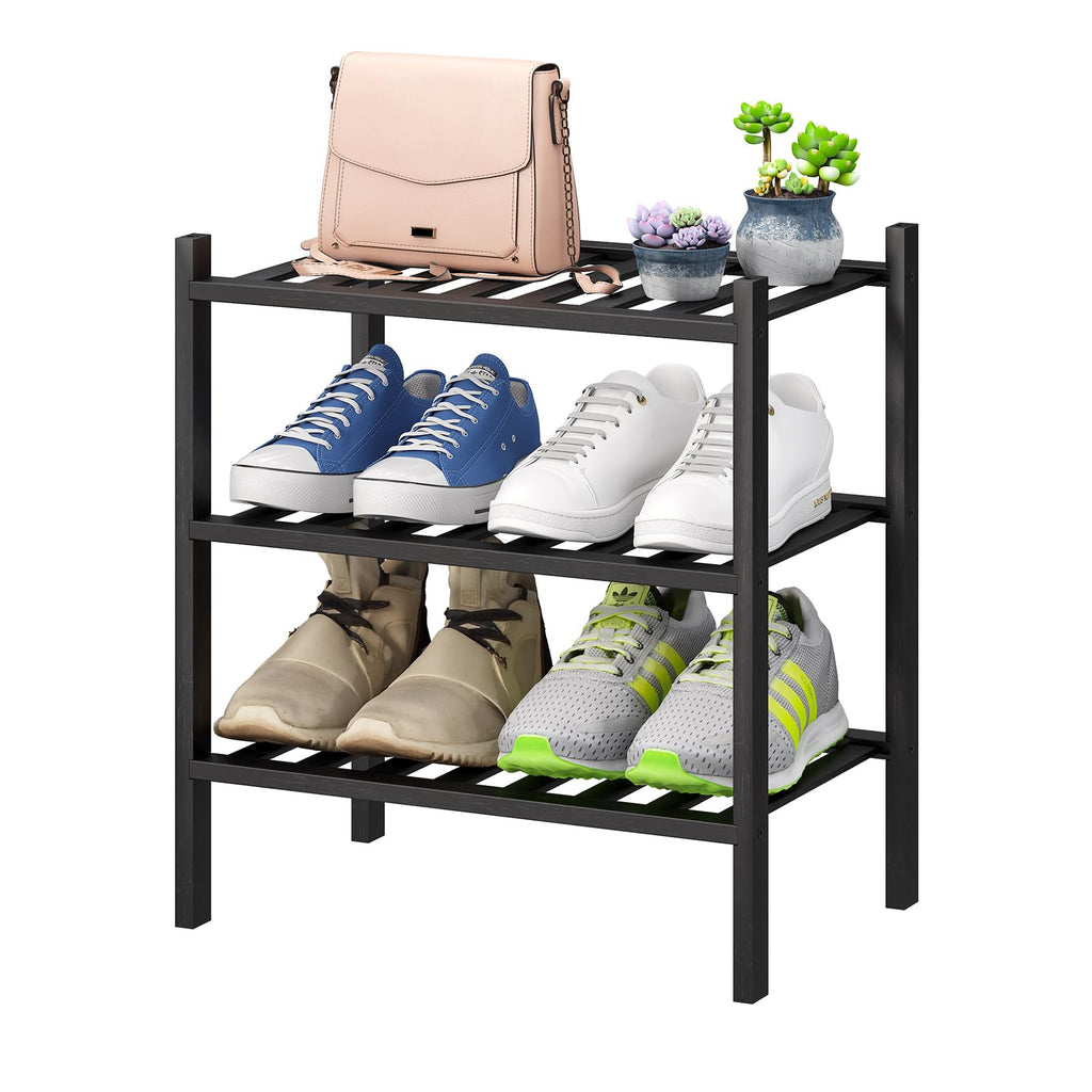 viewcare 3-Tier Black Bamboo Shoe Rack for Entryway, Stackable | Foldable | Natural, Shoe Shelf Storage Organizer for Hallway Closet, Free Standing Shoe Racks for Indoor Outdoor