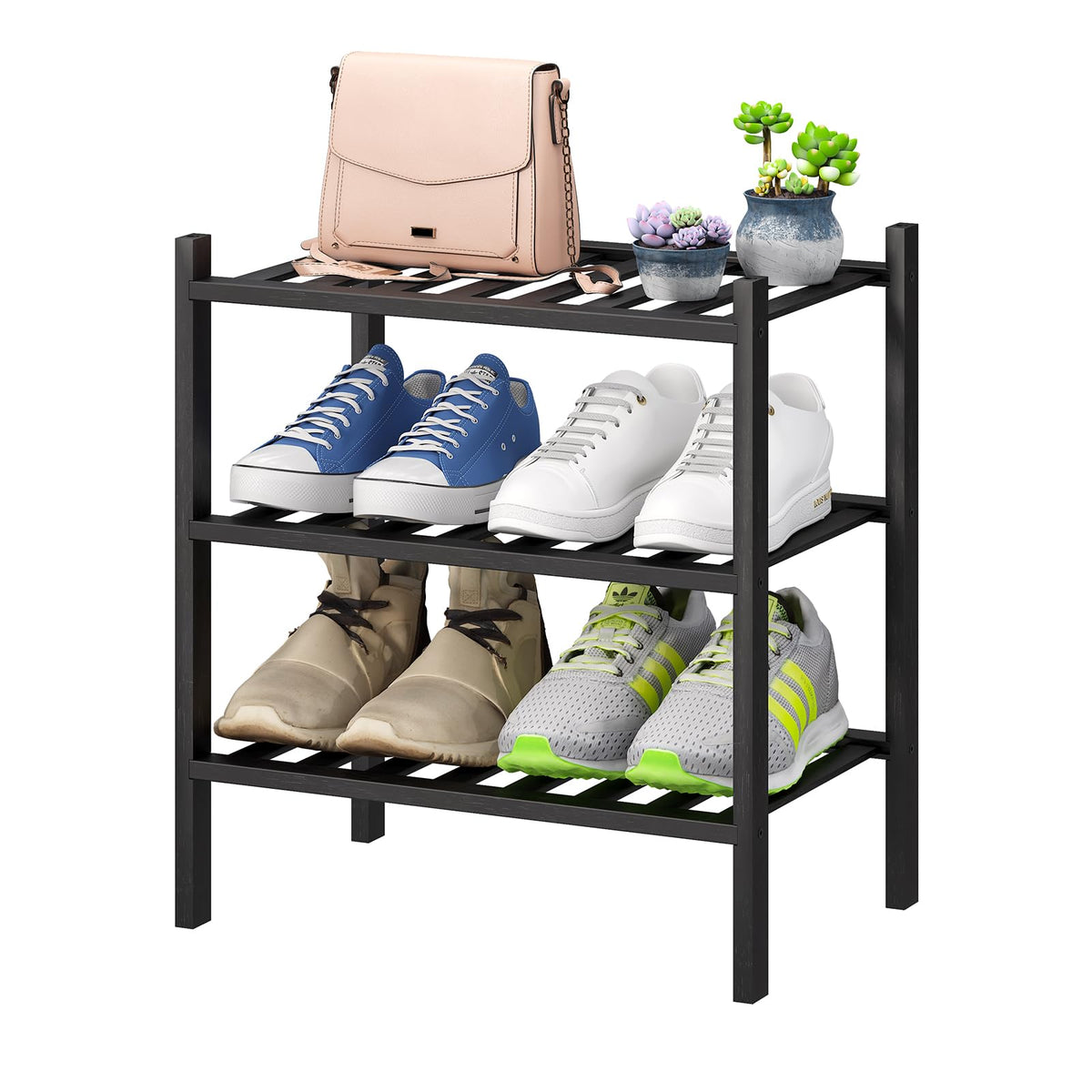 viewcare 3-Tier Black Bamboo Shoe Rack for Entryway, Stackable | Foldable | Natural, Shoe Shelf Storage Organizer for Hallway Closet, Free Standing Shoe Racks for Indoor Outdoor