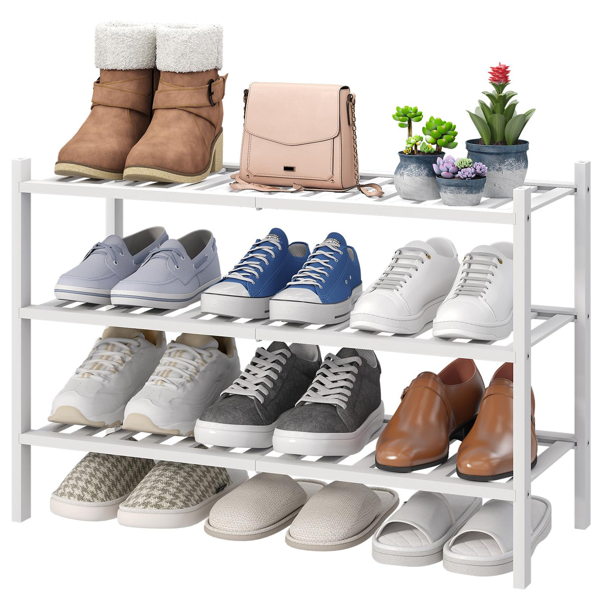 viewcare 3-Tier Black Bamboo Shoe Rack for Entryway, Stackable | Foldable | Natural, Shoe Shelf Storage Organizer for Hallway Closet, Free Standing Shoe Racks for Indoor Outdoor