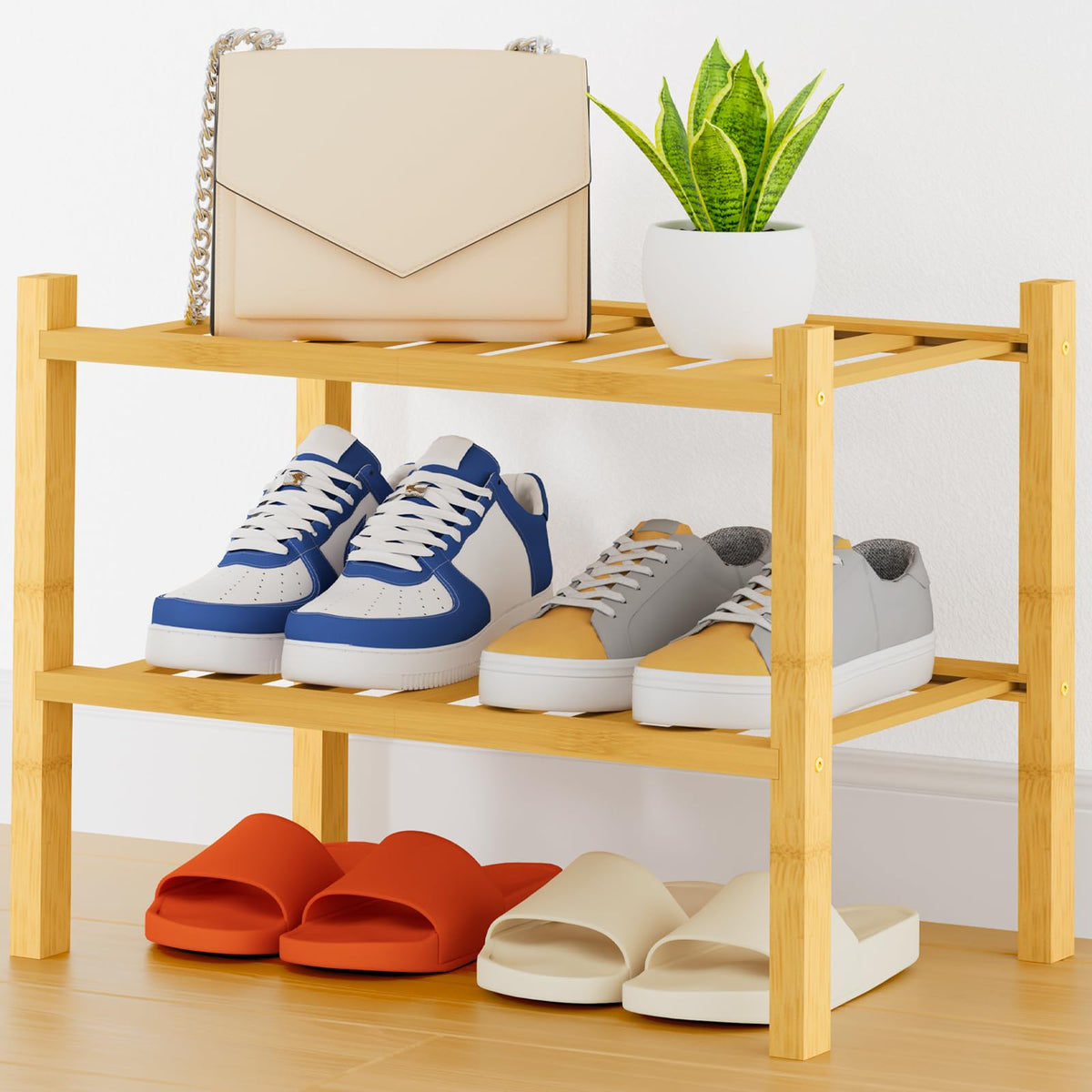 Smiry Bamboo Shoe Rack, 12 Vertical Slats, 3 Tier - 26.8" Wide, Natural