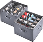 INSTY 2 Pack Shoe Organizer for Closet, Fits up to 32 Pairs, Adjustable Dividers for Shoe Storage, Fabric Shoe Storage Bins with Clear Cover, Grey