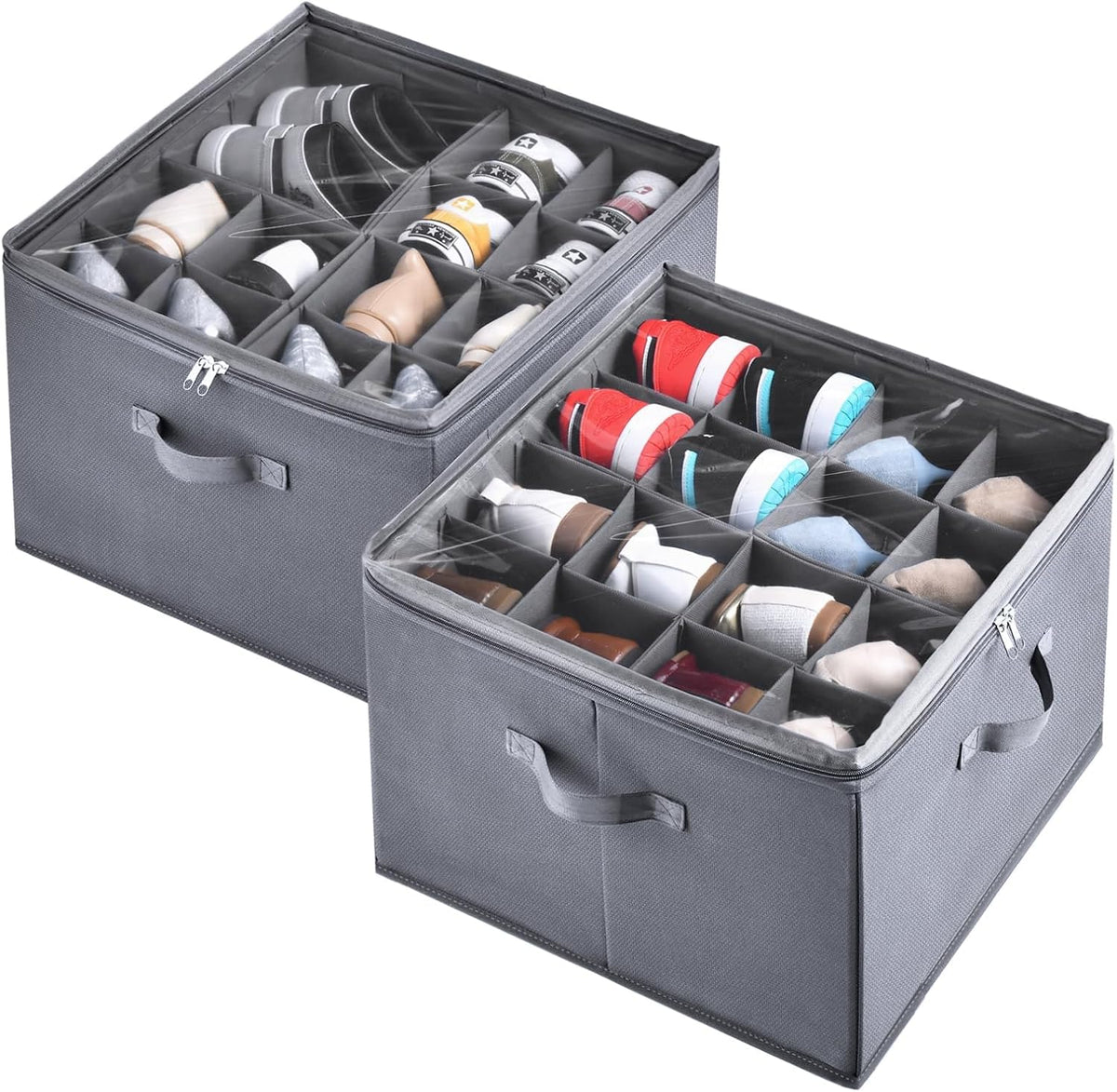 INSTY 2 Pack Shoe Organizer for Closet, Fits up to 32 Pairs, Adjustable Dividers for Shoe Storage, Fabric Shoe Storage Bins with Clear Cover, Grey