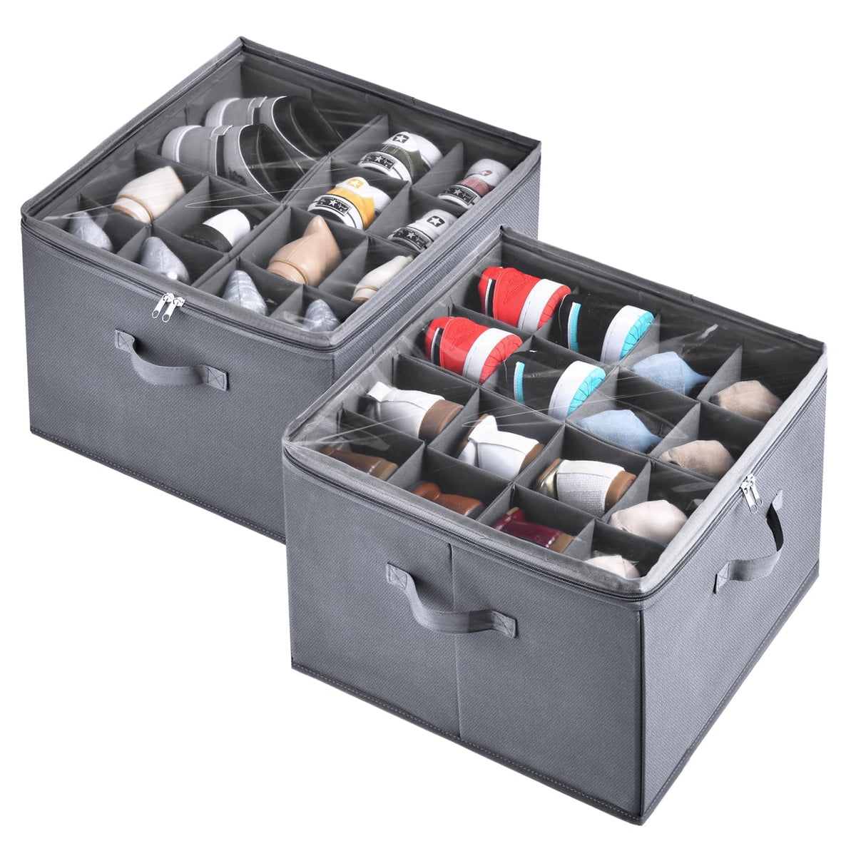 INSTY 2 Pack Shoe Organizer for Closet, Fits up to 32 Pairs, Adjustable Dividers for Shoe Storage, Fabric Shoe Storage Bins with Clear Cover, Grey