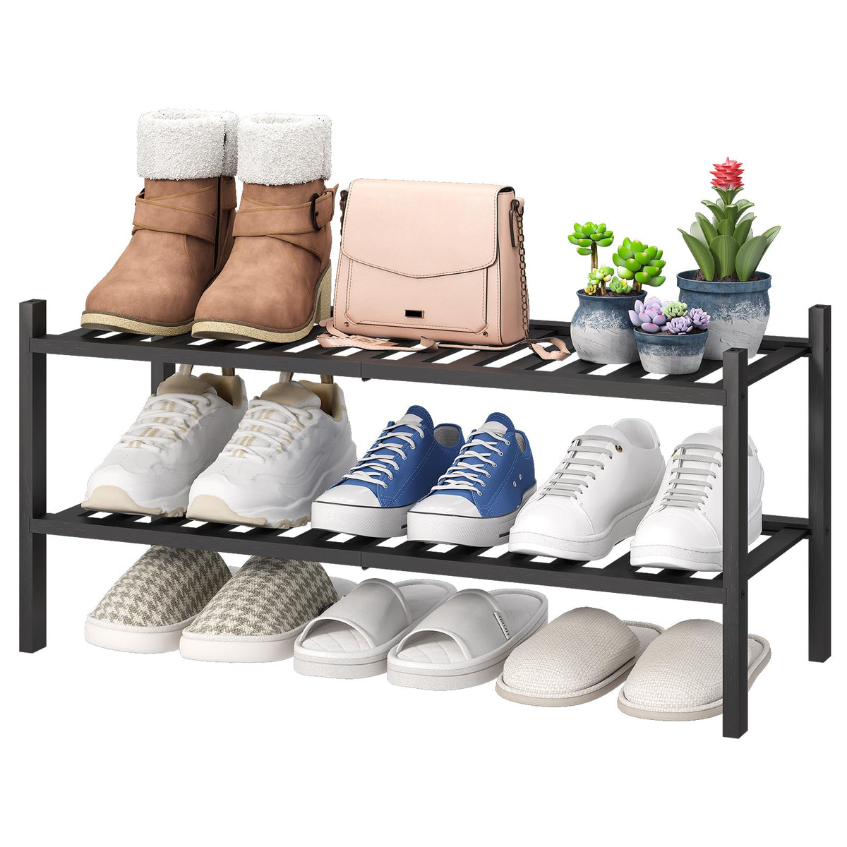 viewcare 3-Tier Black Bamboo Shoe Rack for Entryway, Stackable | Foldable | Natural, Shoe Shelf Storage Organizer for Hallway Closet, Free Standing Shoe Racks for Indoor Outdoor