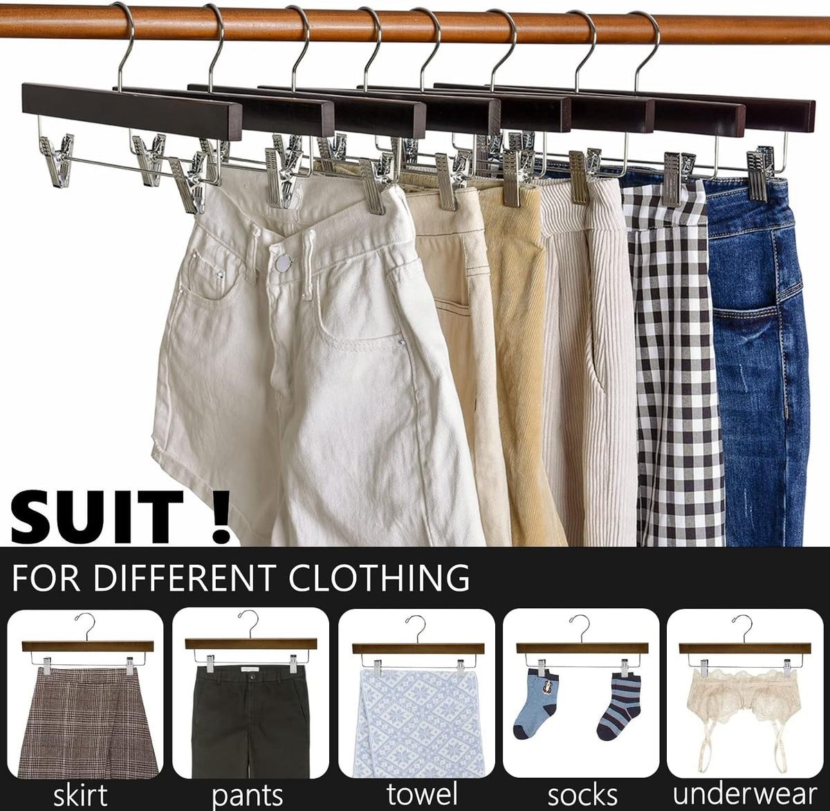 Amber Home 24 Pack Walnut Wooden Pants Hangers with Adjustable Clips, 14"