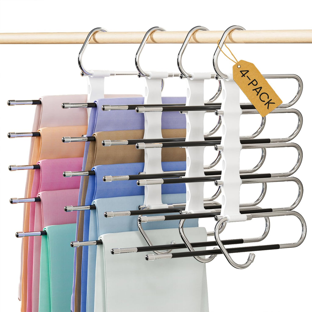 DAMITA Pants Hangers Space Saving - 2 Pack 5 in 1 Layers Stainless Steel Metal Jeans Hangers - Black Closet Organizers and Storage Anti-Slip Design for Pants Skirts Scarf Legging