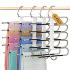 DAMITA Pants Hangers Space Saving - 2 Pack 5 in 1 Layers Stainless Steel Metal Jeans Hangers - Black Closet Organizers and Storage Anti-Slip Design for Pants Skirts Scarf Legging