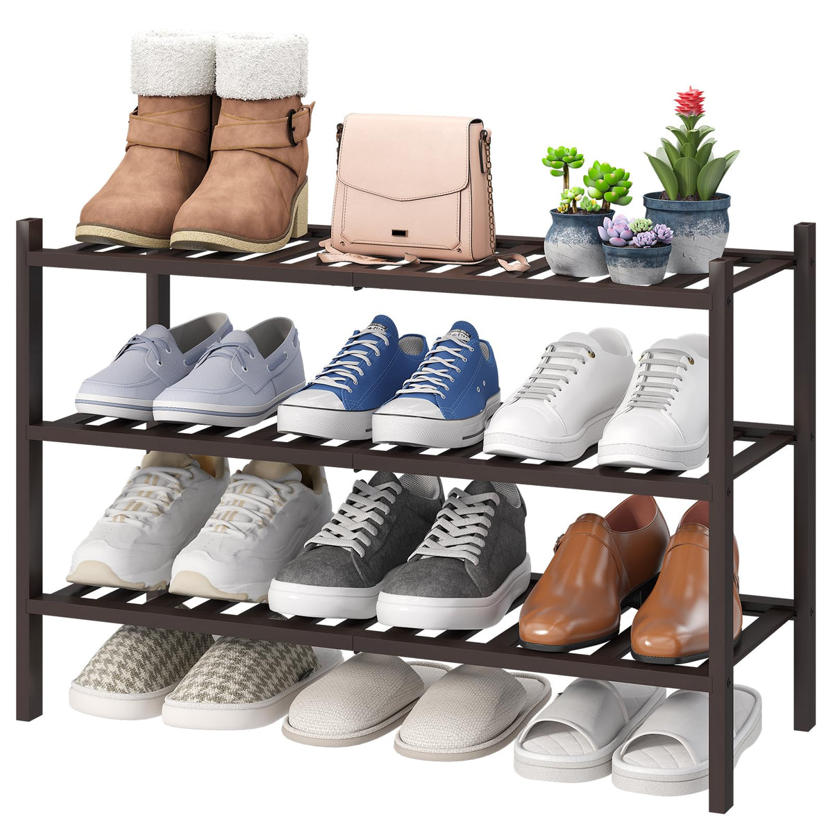 viewcare 3-Tier Black Bamboo Shoe Rack for Entryway, Stackable | Foldable | Natural, Shoe Shelf Storage Organizer for Hallway Closet, Free Standing Shoe Racks for Indoor Outdoor