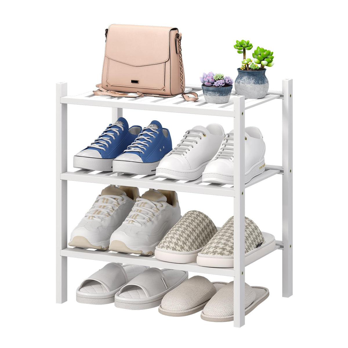 viewcare 3-Tier Black Bamboo Shoe Rack for Entryway, Stackable | Foldable | Natural, Shoe Shelf Storage Organizer for Hallway Closet, Free Standing Shoe Racks for Indoor Outdoor