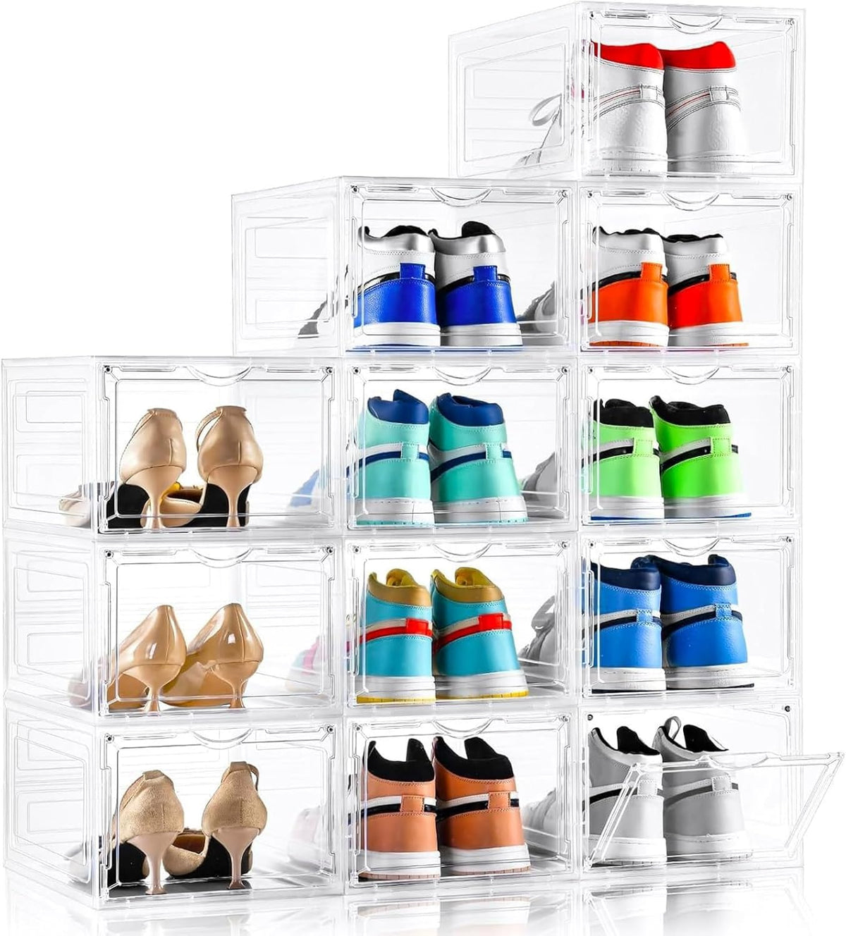 Clemate Upgraded X-Large Shoe Organizer,Shoe Storage Organizer,12 Pack,Shoe Box Clear Plastic Stackable,Drop Front Shoe Box with Clear Door, Shoe Containers For Sneaker Display,Fit up to US Size12