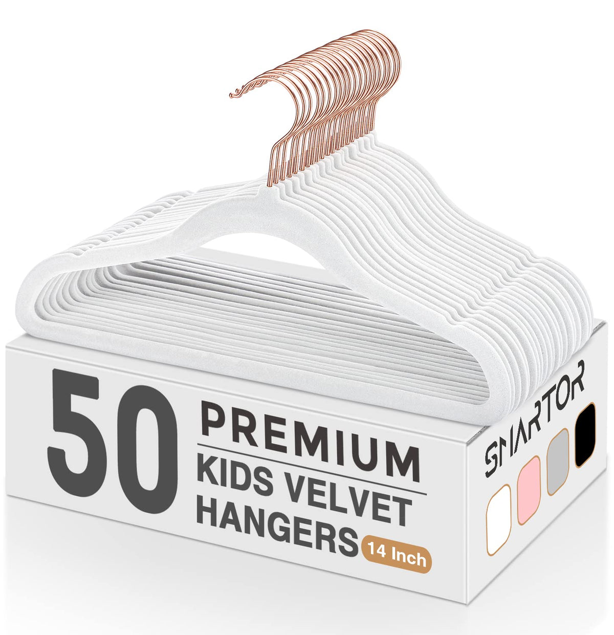 Smartor Kids Velvet Hangers 50 Pack, 14 Inch Premium Non Slip Kids Felt Hangers for Closet, Space Saving Toddler Clothes Hanger for Youth's Childrens' Clothes (Rose Gold Hook)- White