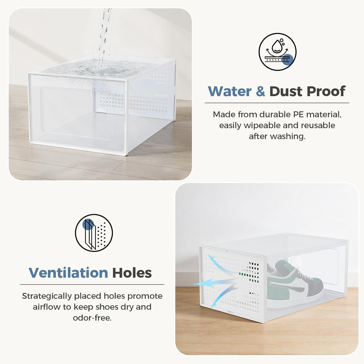 DUMOS Shoe Storage Boxes, 12-Pack Stackable Clear Shoe Containers with Lids, Display Sneaker Case Organizer for Closet, Under Bed, Entryway,White, Fit Size 11