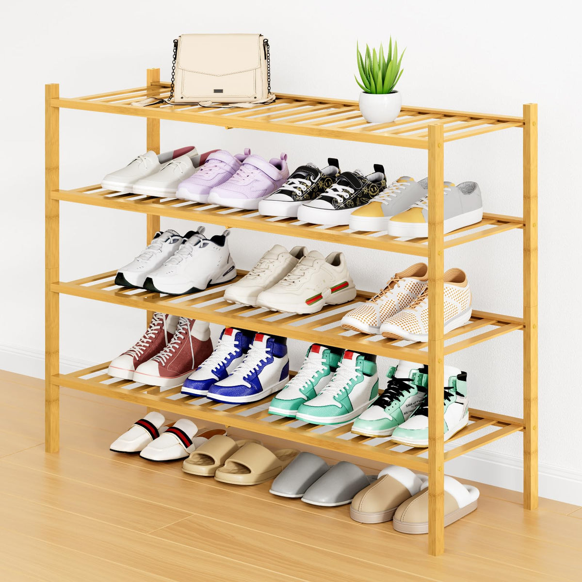 Smiry Bamboo Shoe Rack, 12 Vertical Slats, 3 Tier - 26.8" Wide, Natural