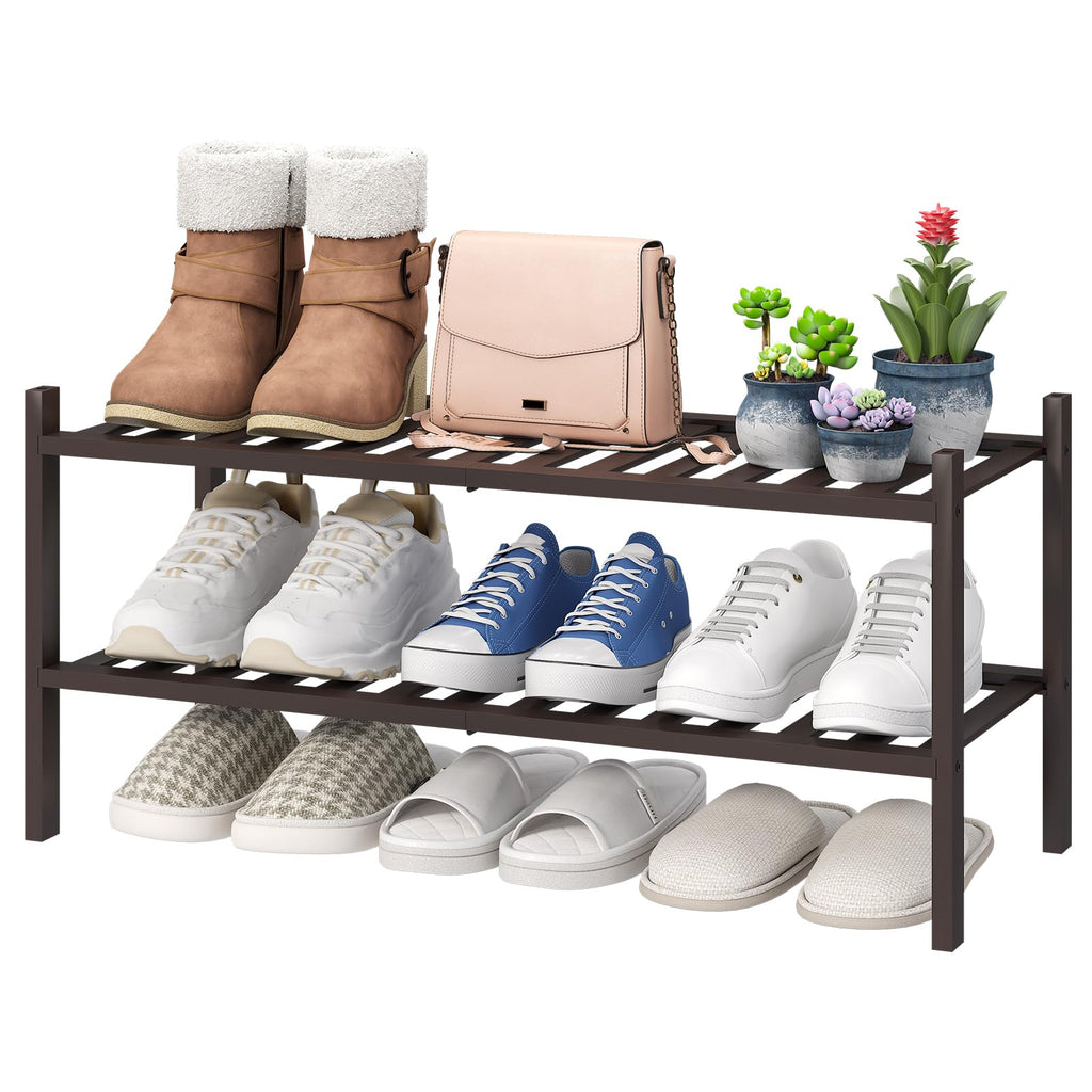 viewcare 3-Tier Black Bamboo Shoe Rack for Entryway, Stackable | Foldable | Natural, Shoe Shelf Storage Organizer for Hallway Closet, Free Standing Shoe Racks for Indoor Outdoor