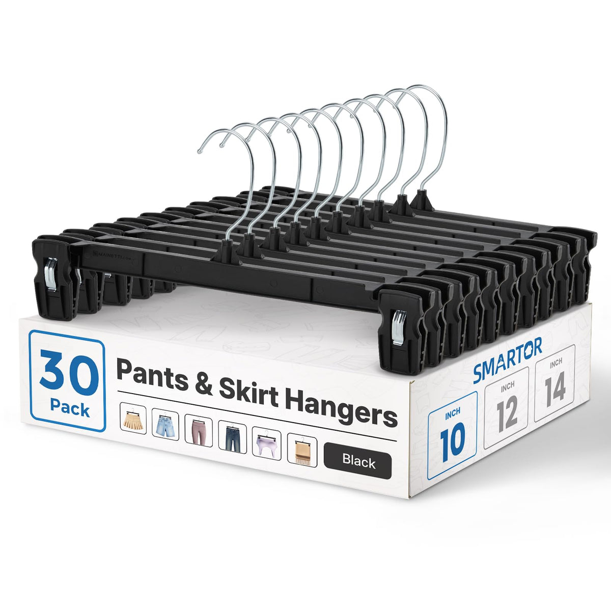 Smartor Black Pants Hangers 30 Pack, Skirt Hangers with Clips, 12 Inch