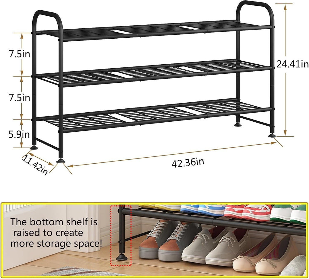 LINZINAR 3 Tier Long Shoe Rack for Closet Metal Shoe Organizer for Entryway