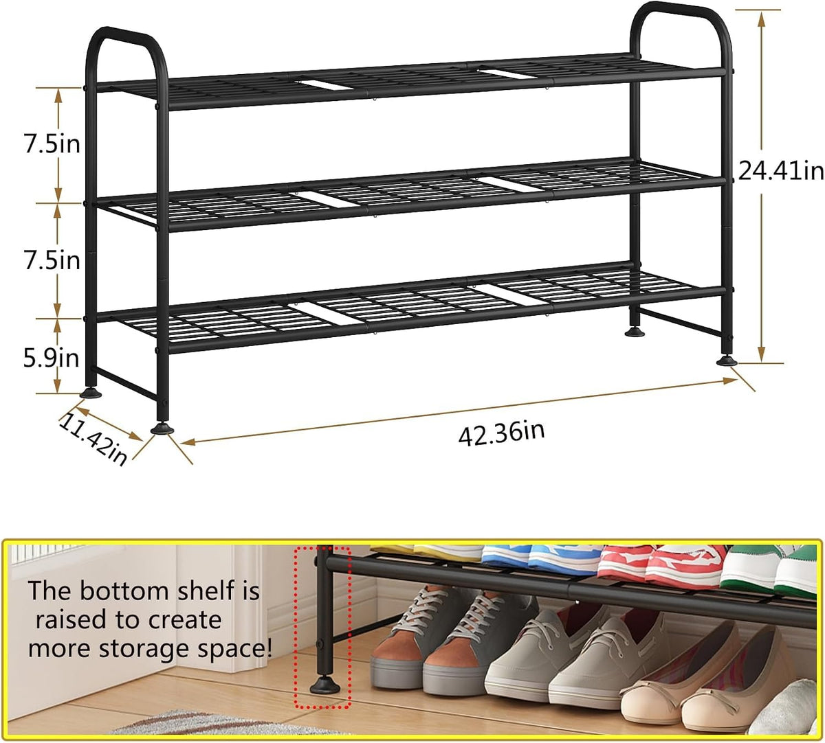 LINZINAR 3 Tier Long Shoe Rack for Closet Metal Shoe Organizer for Entryway