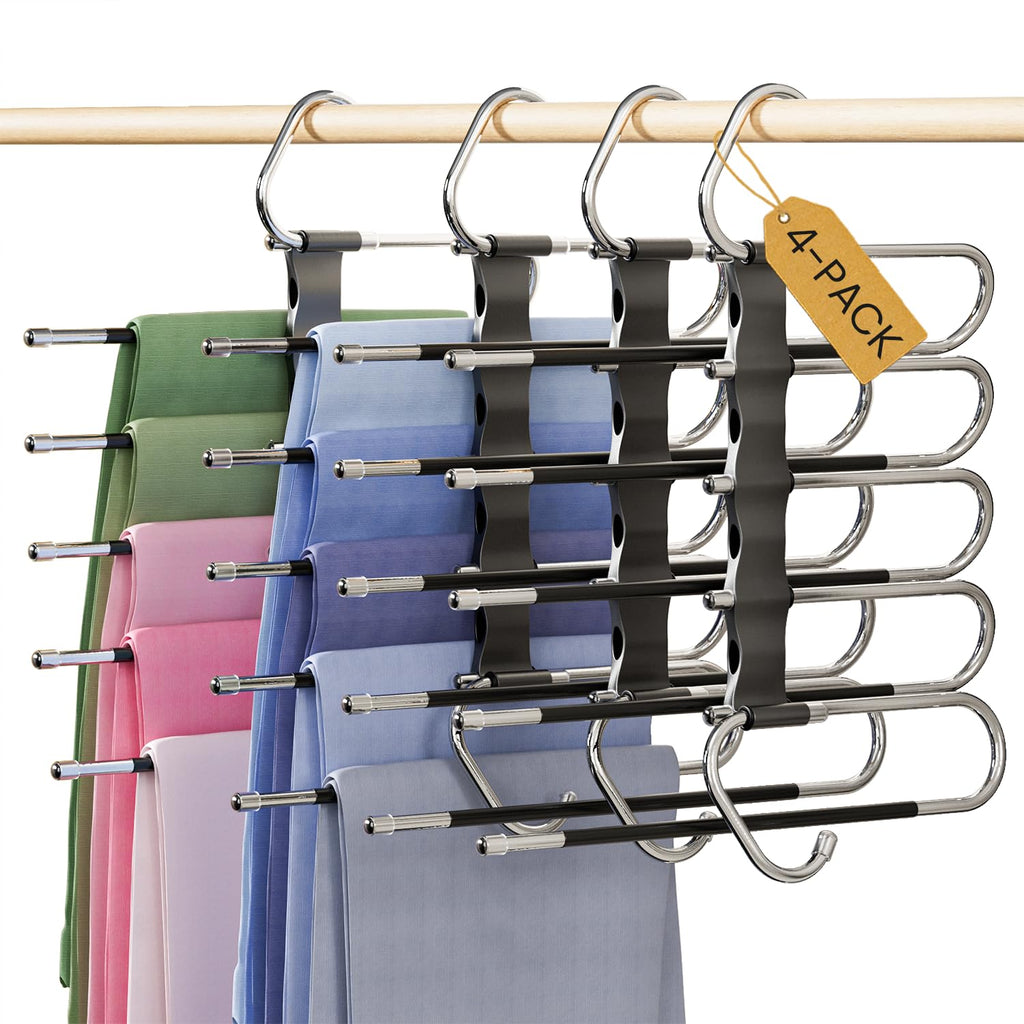 DAMITA Pants Hangers Space Saving - 2 Pack 5 in 1 Layers Stainless Steel Metal Jeans Hangers - Black Closet Organizers and Storage Anti-Slip Design for Pants Skirts Scarf Legging