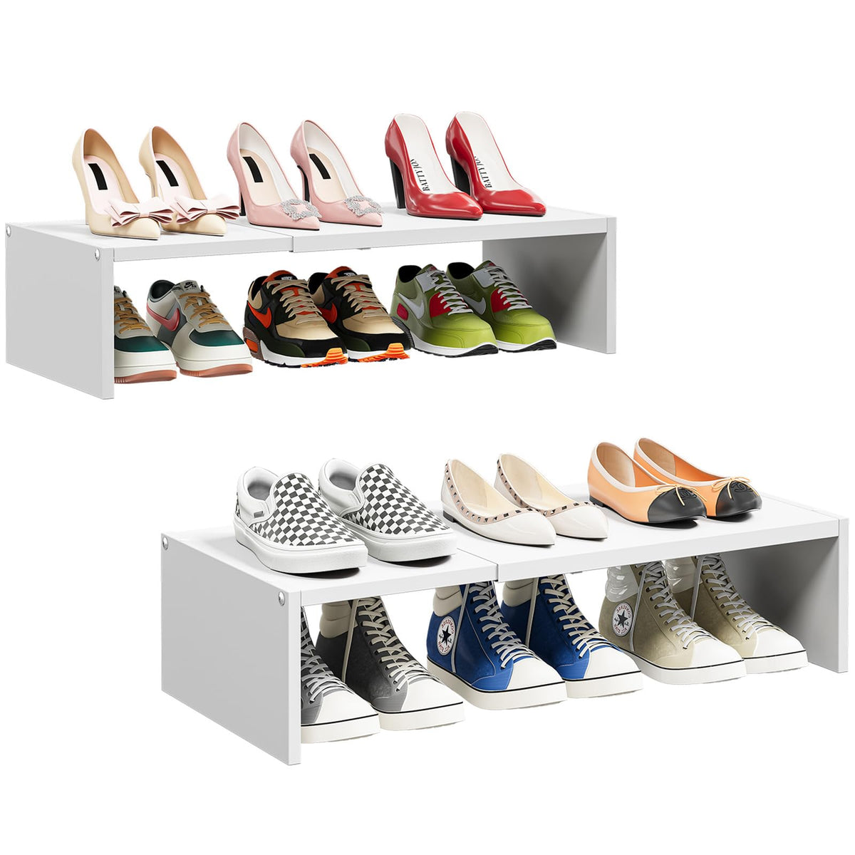 2 Pack Expandable White Shoe Rack Organizer for Closet, 2-Tier Stackable Shoe Storage Shelf, Small Iron Wood Combination Shoe Shelves for Closets,Entryway,Front Door, Narrow Space,Hallway,15-24 Pairs