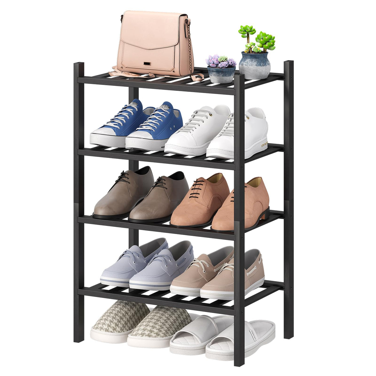 viewcare 3-Tier Black Bamboo Shoe Rack for Entryway, Stackable | Foldable | Natural, Shoe Shelf Storage Organizer for Hallway Closet, Free Standing Shoe Racks for Indoor Outdoor