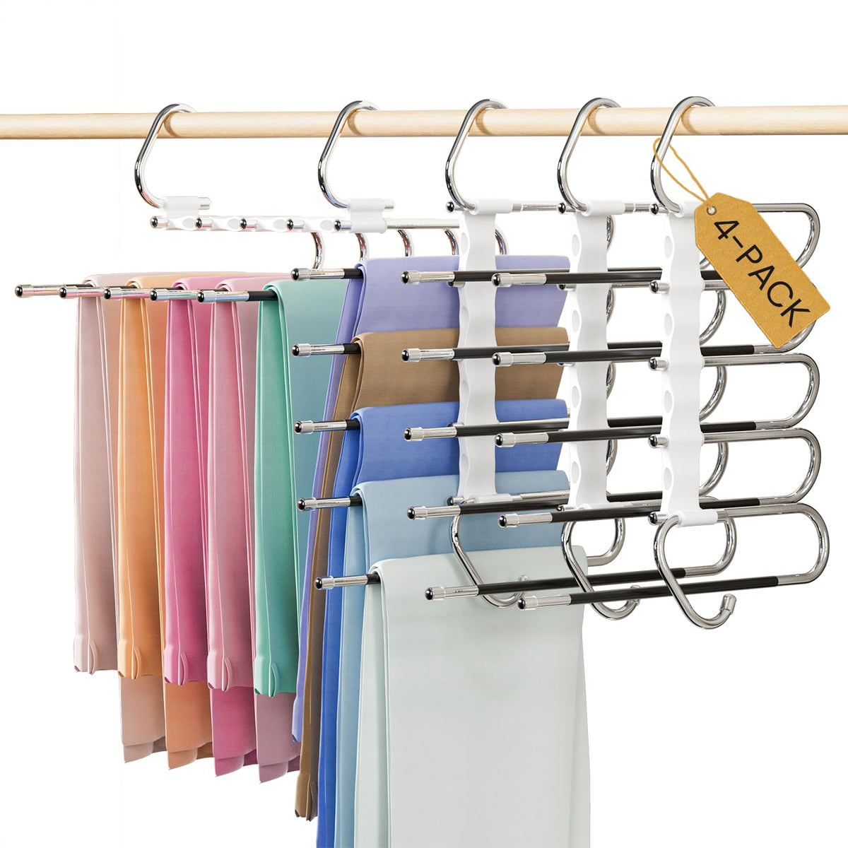 DAMITA Pants Hangers Space Saving - 2 Pack 5 in 1 Layers Stainless Steel Metal Jeans Hangers - Black Closet Organizers and Storage Anti-Slip Design for Pants Skirts Scarf Legging