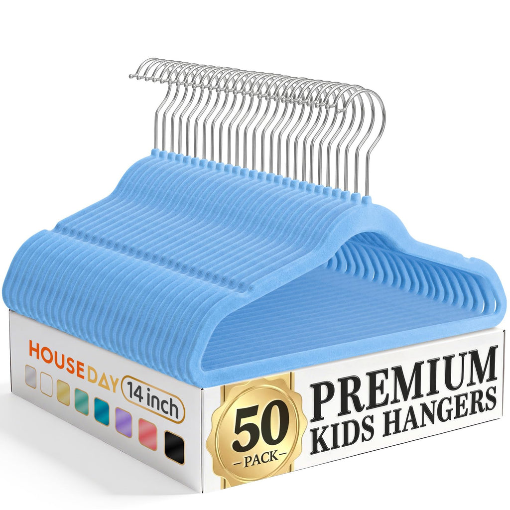 HOUSE DAY 14 Inch Kids Velvet Hangers 50 Pack, Durable Big Kid Hanger Black