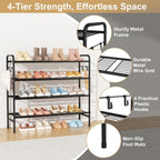 VILICK 4-Tier Shoe Rack 33" Wide Metal Shoe Organizer Long Shoe Storage with 4 Side Hooks Sturdy Shoes Shelf for Closet, Front Door Entrance, Garage, Dorm, Black