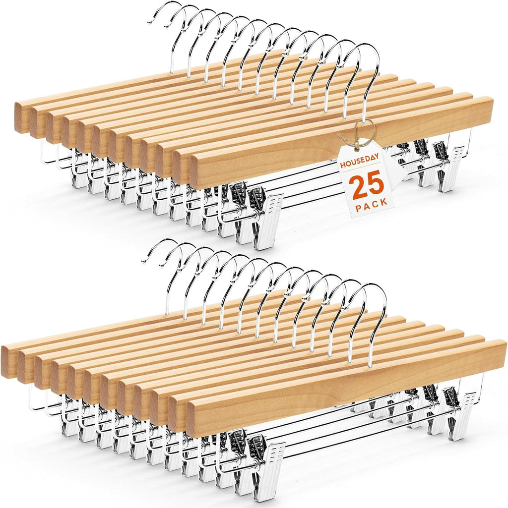 HOUSE DAY Wooden Pants Hangers with Clips, 25 Pack Skirt Hangers, Natural