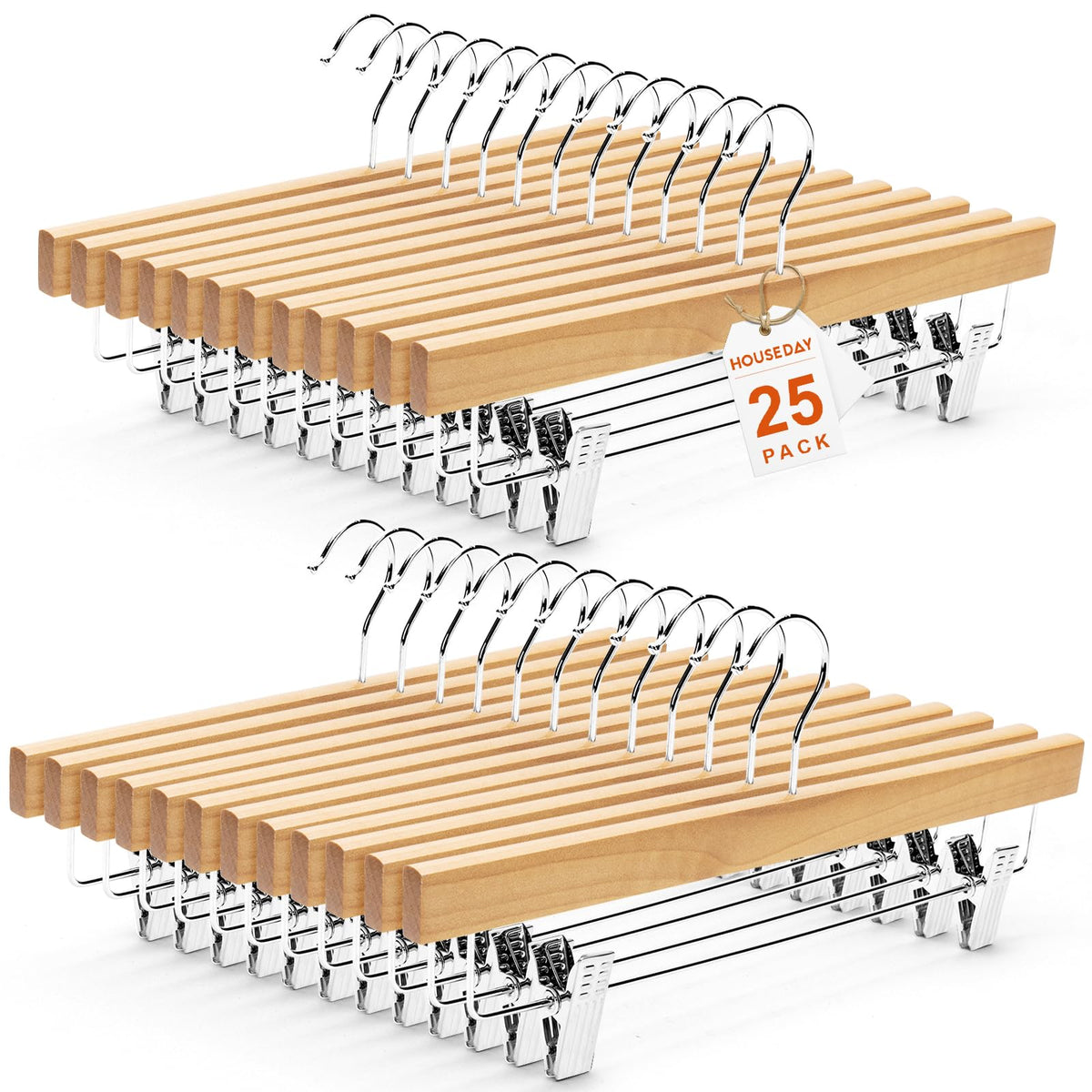 HOUSE DAY Wooden Pants Hangers with Clips, 25 Pack Skirt Hangers, Natural