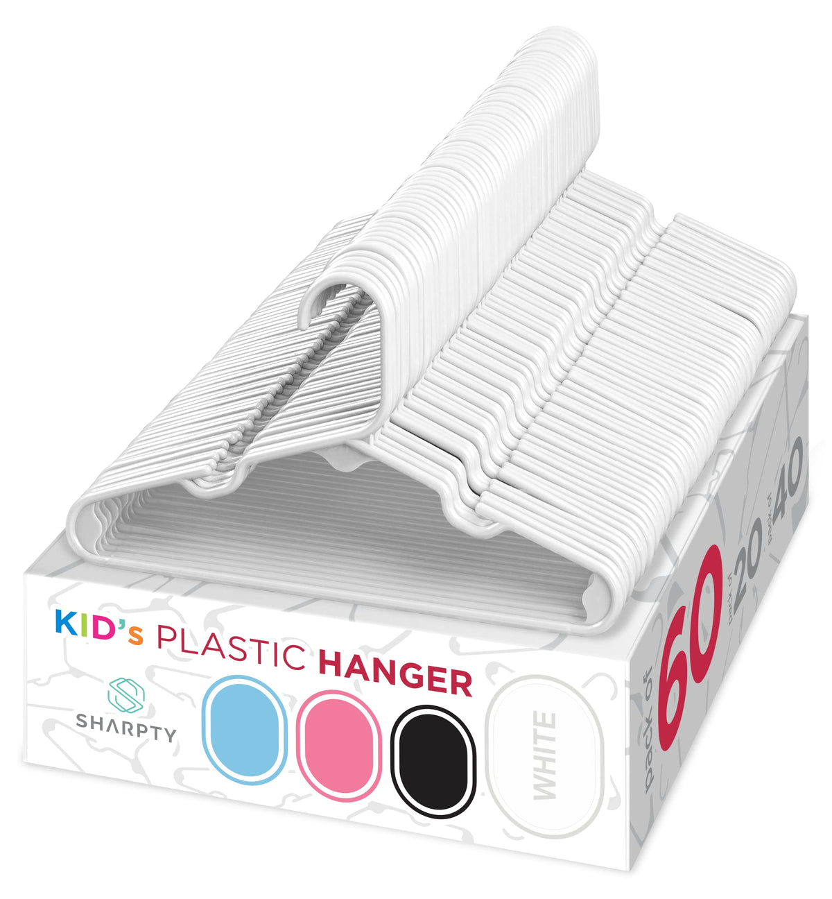 Sharpty Kids Plastic Hangers, Children's Hangers for Baby, Toddler, and Child Clothes - Everyday Standard Use - Ideal for Boys and Girls Closet, Clothing, Pants, Coats, and More - White, 20 Pack