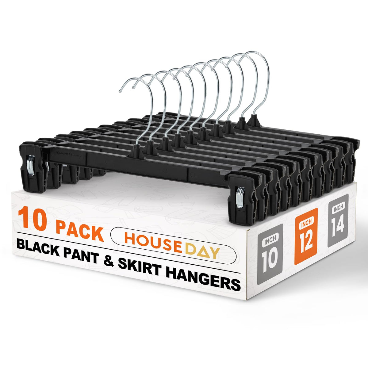 HOUSE DAY Black Pants Hangers with Clips 50 Pack, 12 Inch Skirt Hangers